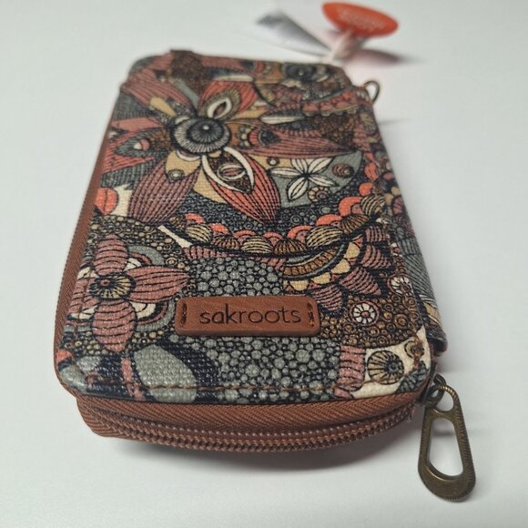 Sakroots Wristlet Wallet Pockets Card Slots Zip Floral Pink Brown Small 6 Inch - Picture 2 of 7